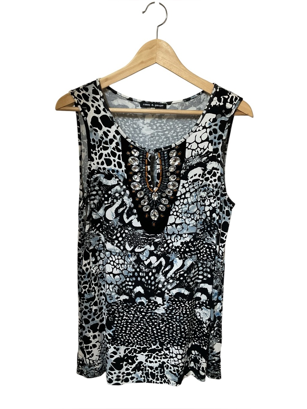 Embroidered  Cable Gauge Jewel-Neck Animal Print Tank Top - Black/White  M